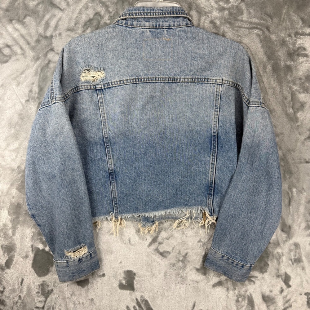 H&M &Denim Womens Light Wash Distressed Cropped Jean Jacket Blue Small Bikercore - Picture 3 of 16